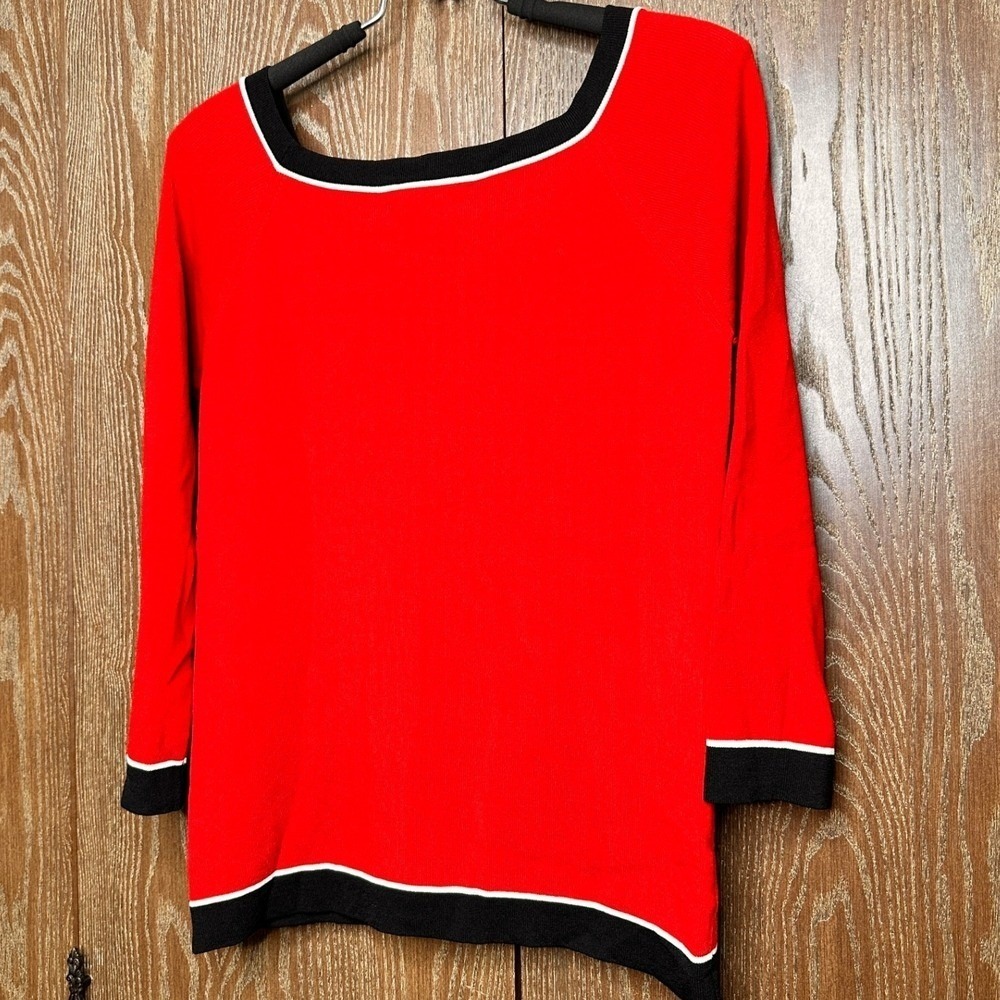 Sonia Red Top Black Trim Long Sleeve Knit Sweater Women's Size L Casual Stretch - Picture 7 of 7